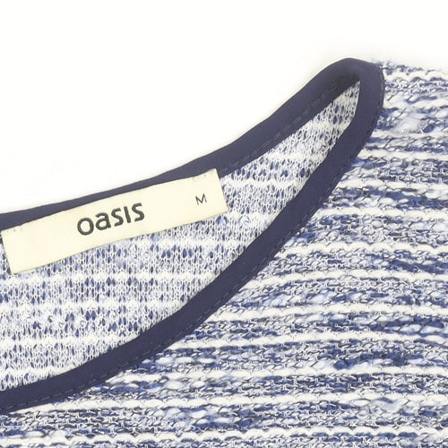 Oasis Women Blue Striped Short Sleeve Crew Neck Top M