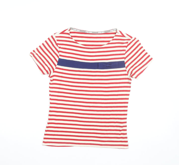 Fever Women's Red Striped Bow T-Shirt Size 8 Short Sleeve Cotton