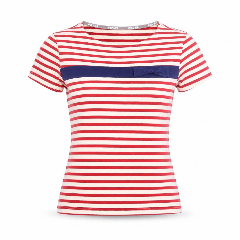 Fever Women's Red Striped Bow T-Shirt Size 8 Short Sleeve Cotton