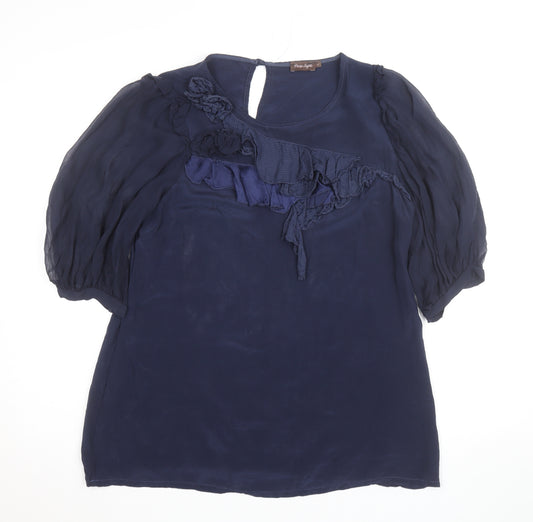 Phase Eight Women's Blue Silk Cotton Ruffle Tunic Blouse Size 12