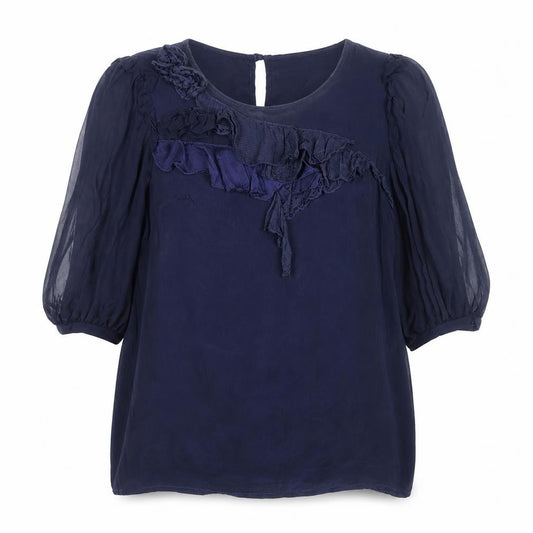 Front view of Phase Eight Women's Blue Silk Cotton Ruffle Tunic Blouse, size 12