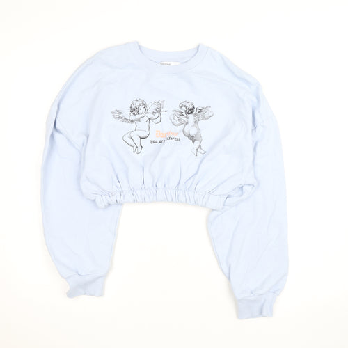 Bershka Womens Blue Cropped Pullover Sweatshirt Size S Graphic Angels
