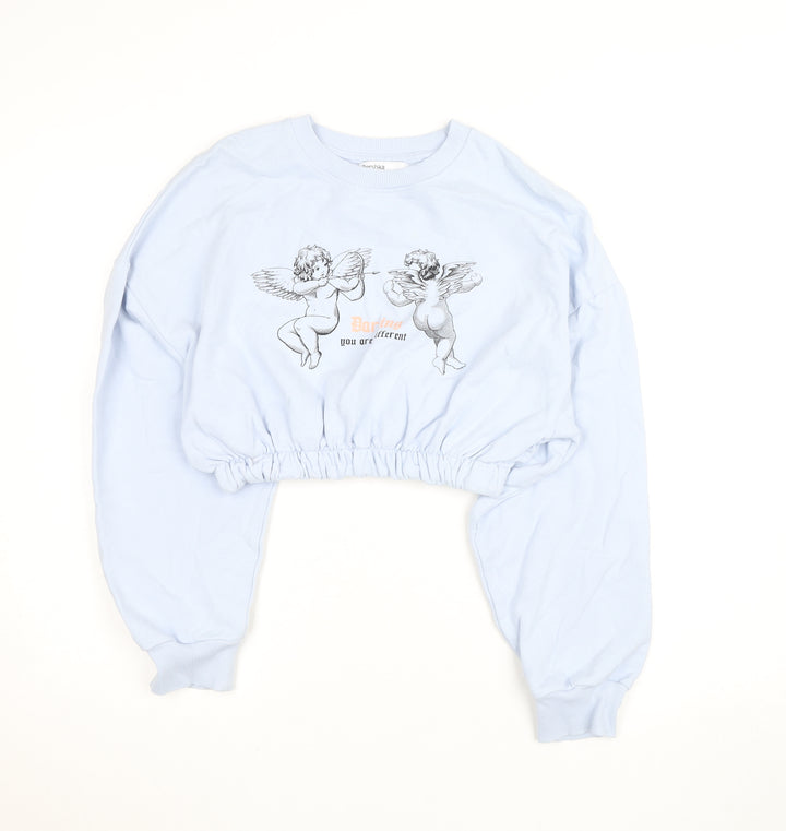 Bershka Womens Blue Cropped Pullover Sweatshirt Size S Graphic Angels
