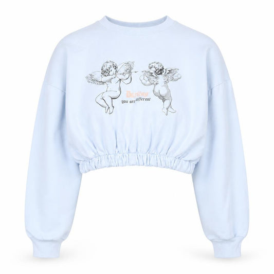Front view of Bershka women’s blue cropped pullover sweatshirt, size S, graphic angels