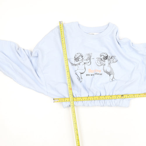 Bershka Womens Blue Cropped Pullover Sweatshirt Size S Graphic Angels