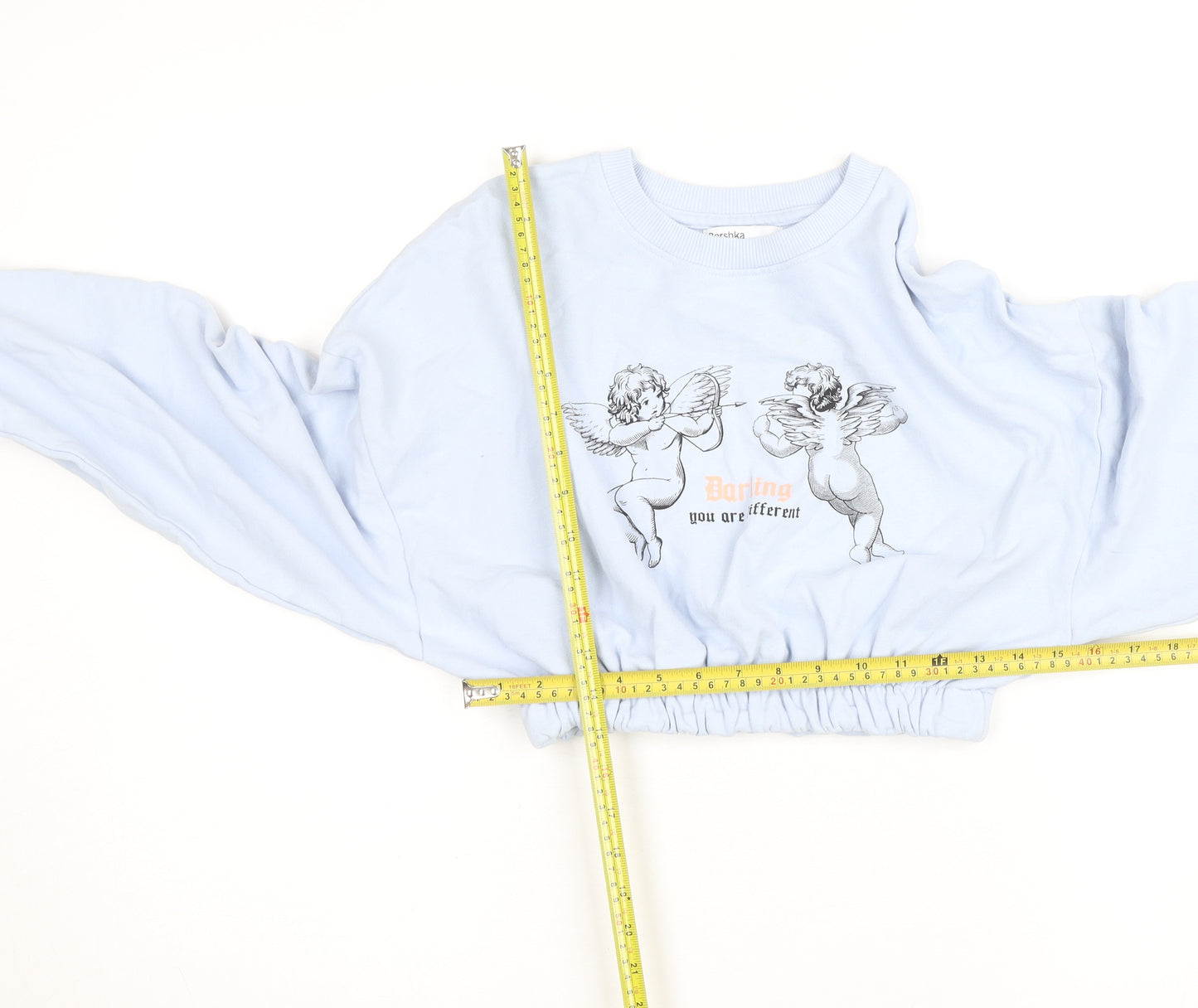 Bershka Womens Blue Cropped Pullover Sweatshirt Size S Graphic Angels