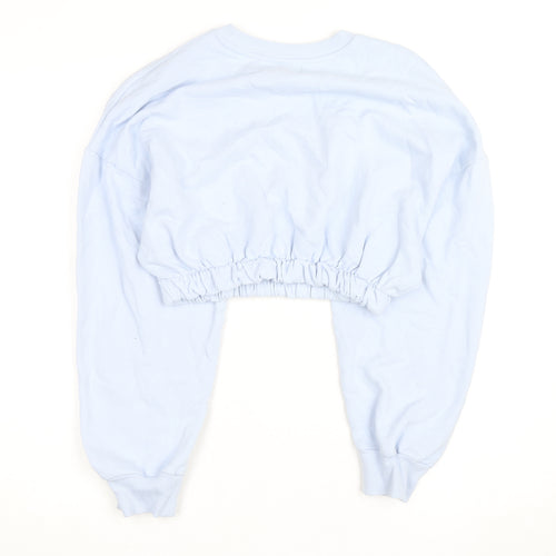 Bershka Womens Blue Cropped Pullover Sweatshirt Size S Graphic Angels