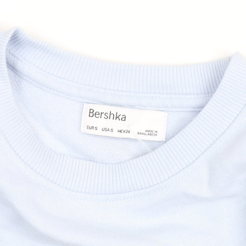 Bershka Womens Blue Cropped Pullover Sweatshirt Size S Graphic Angels