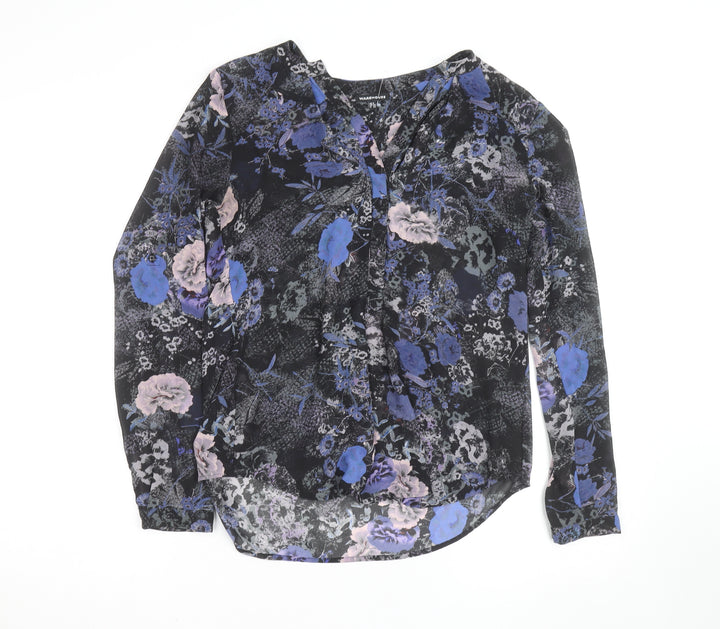 Warehouse Women’s Black Blue Floral Long Sleeve Blouse UK 6
