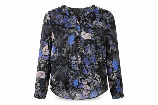 Front view of Warehouse Women’s Black Blue Floral Long Sleeve Blouse UK 6