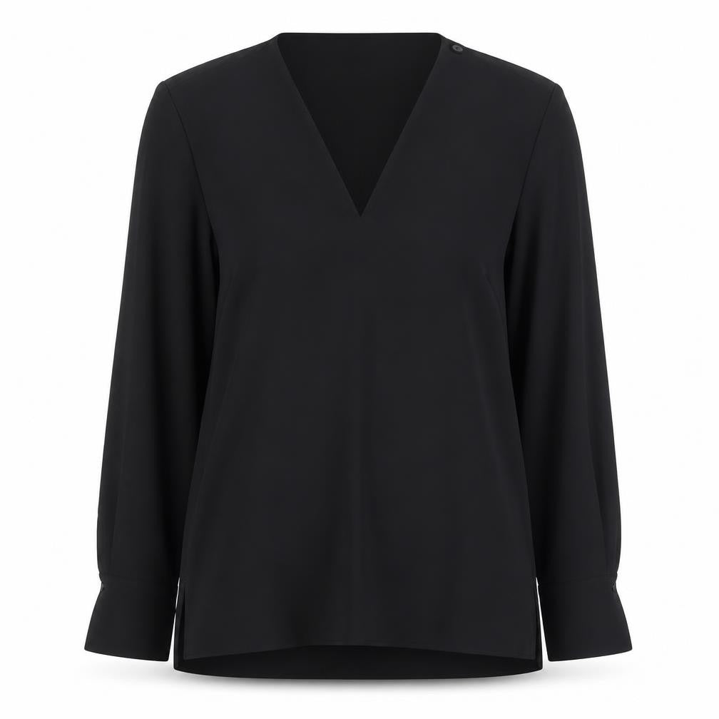 Front view of COS Women's Black V-Neck Long Sleeve Blouse, size 14