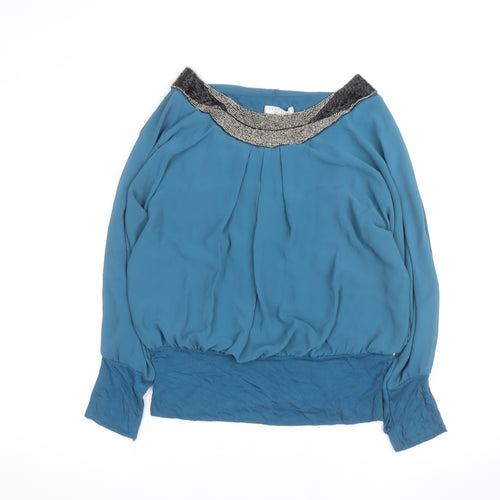 Van Caloen Women’s Blue Beaded Boat Neck Tunic Blouse Size M