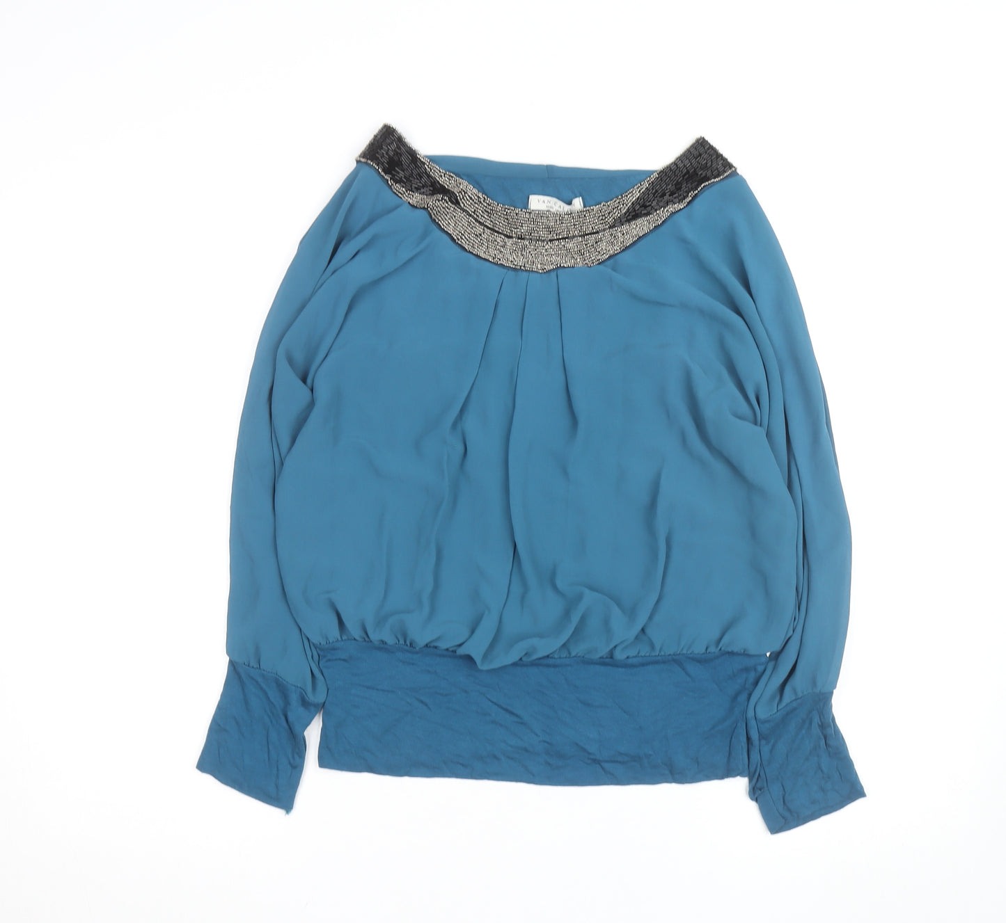 Van Caloen Women’s Blue Beaded Boat Neck Tunic Blouse Size M