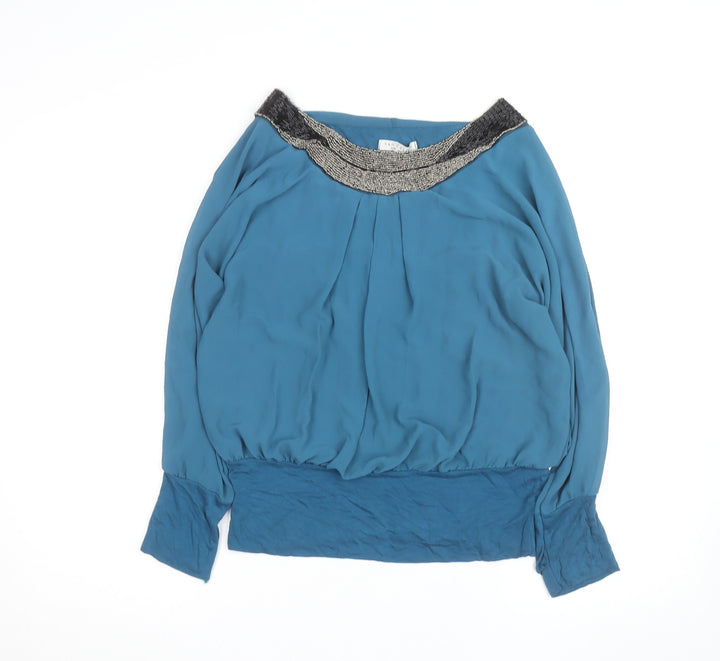 Van Caloen Women’s Blue Beaded Boat Neck Tunic Blouse Size M