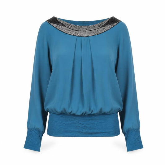 Front view of Van Caloen Women’s Blue Beaded Boat Neck Tunic Blouse, size M