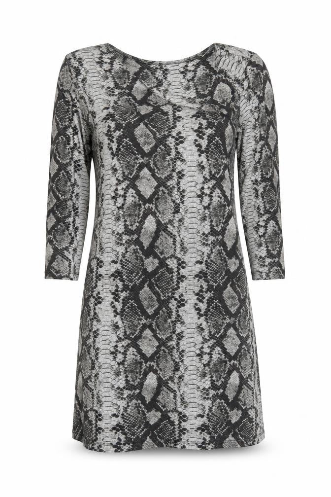 Front view of Michael Kors women’s grey snake print bodycon dress, size M