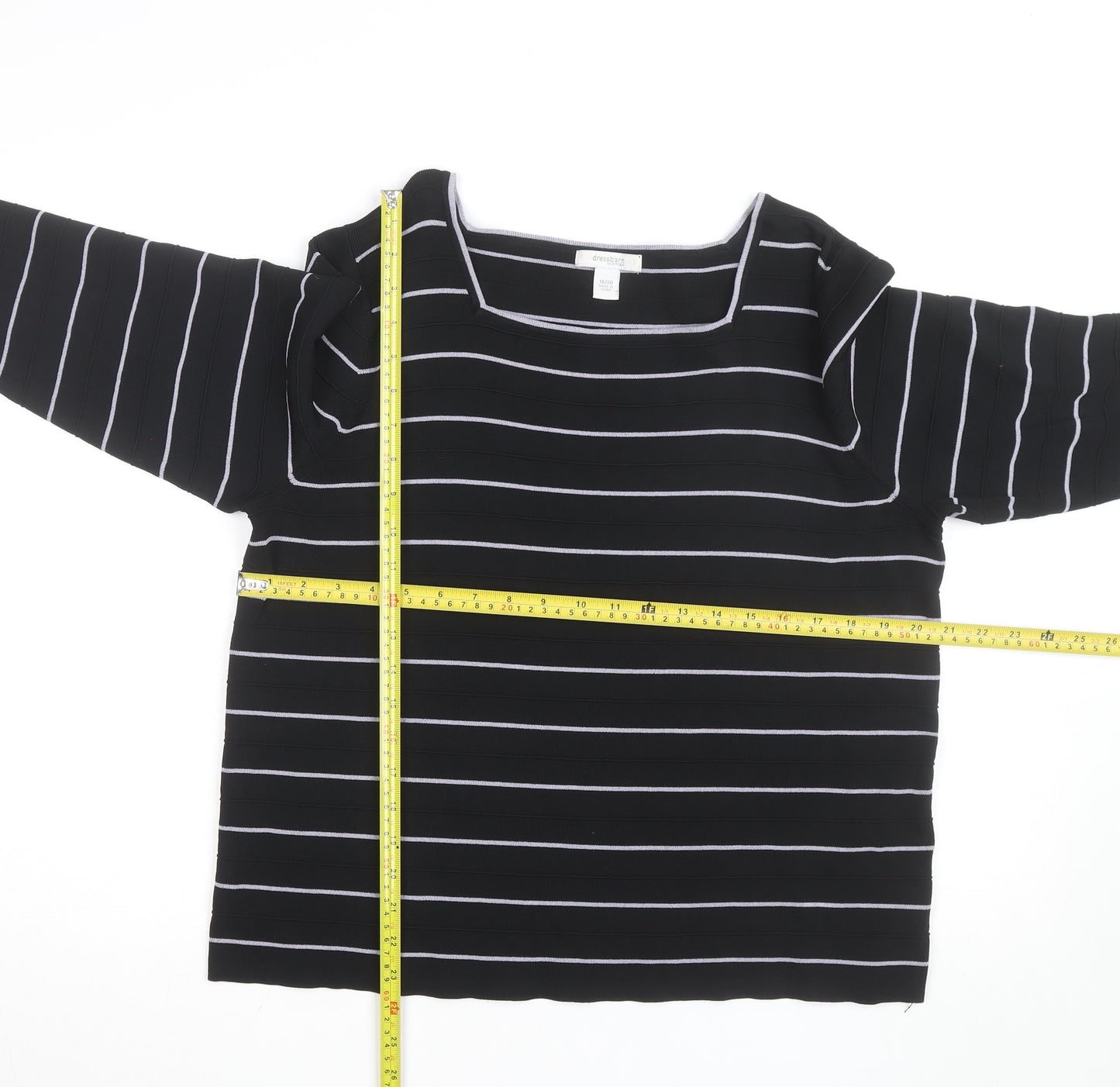 Dressbarn Women Black Striped Boat Neck 3/4 Sleeve Knit Top Size 18 Plus