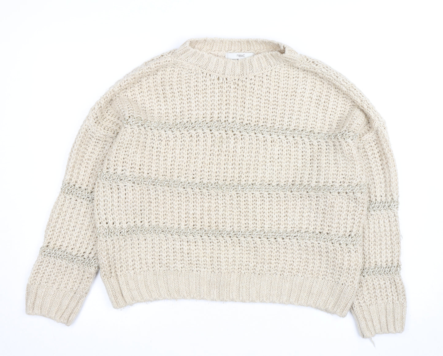 Next Women Beige Chunky Knit Crew Neck Pullover Jumper M