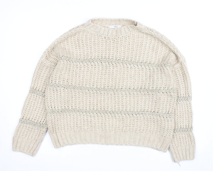 Next Women Beige Chunky Knit Crew Neck Pullover Jumper M