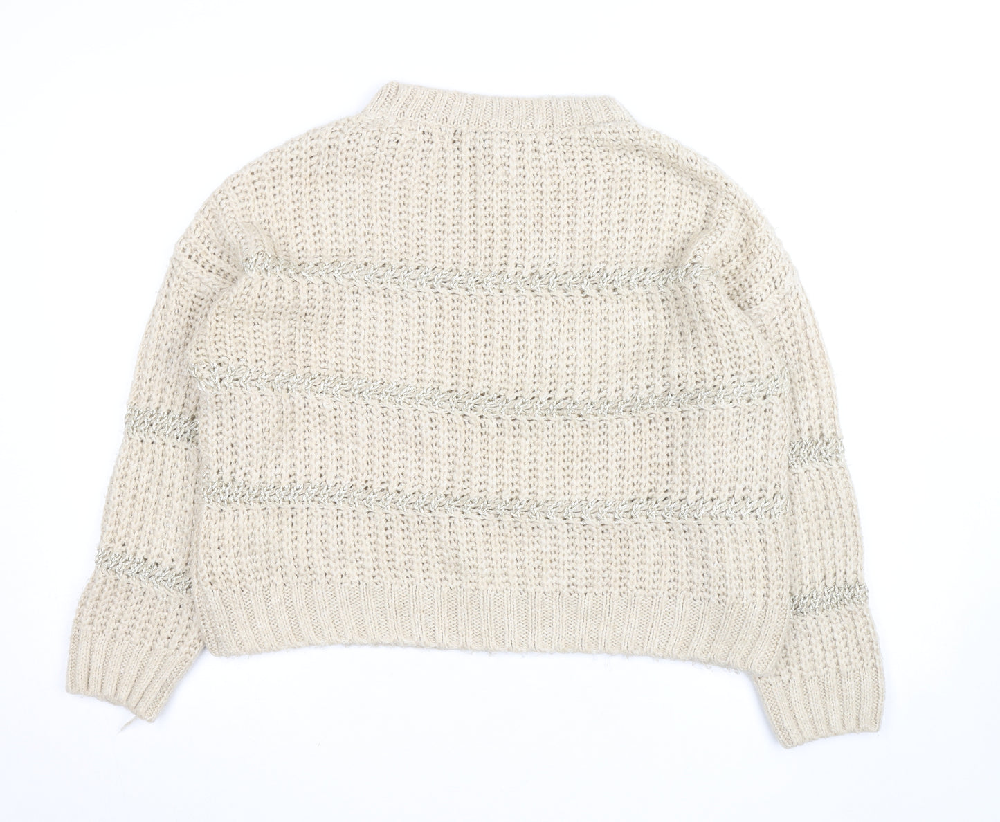 Next Women Beige Chunky Knit Crew Neck Pullover Jumper M