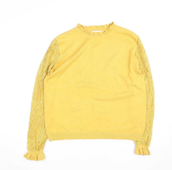 Wild Flower Women Yellow Lace Sleeve Ruffle High Neck Jumper Size L