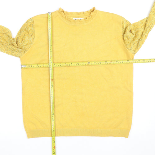 Wild Flower Women Yellow Lace Sleeve Ruffle High Neck Jumper Size L