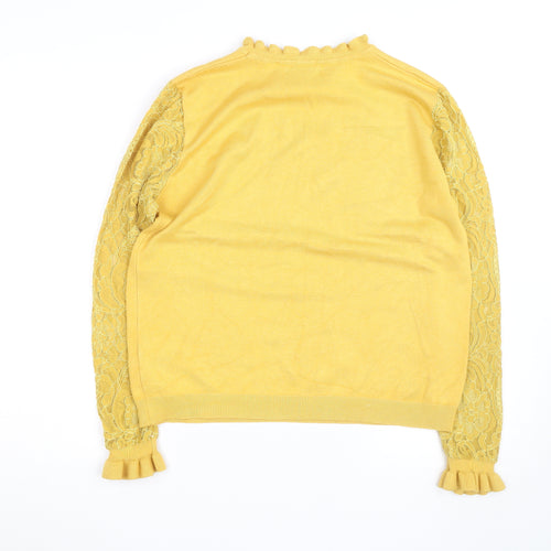 Wild Flower Women Yellow Lace Sleeve Ruffle High Neck Jumper Size L