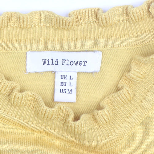 Wild Flower Women Yellow Lace Sleeve Ruffle High Neck Jumper Size L