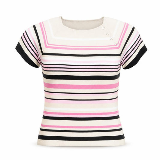 Front view of Berkertex Women’s Multicoloured Striped Knit Short Sleeve Top, size UK 16