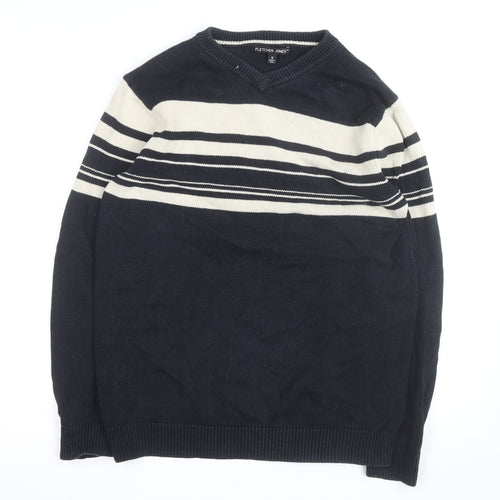 Fletcher Jones Men's Blue Striped Cotton V-Neck Jumper Size S