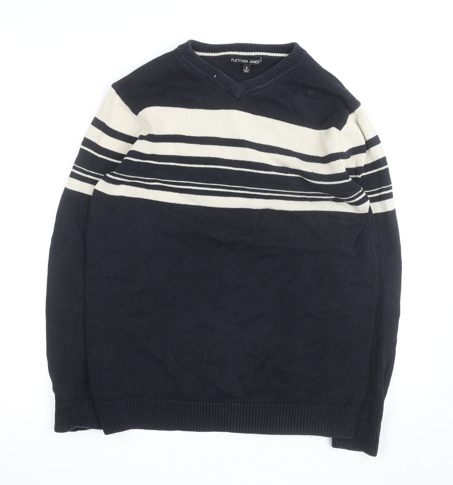 Fletcher Jones Men's Blue Striped Cotton V-Neck Jumper Size S