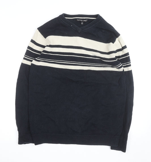 Fletcher Jones Men's Blue Striped Cotton V-Neck Jumper Size S