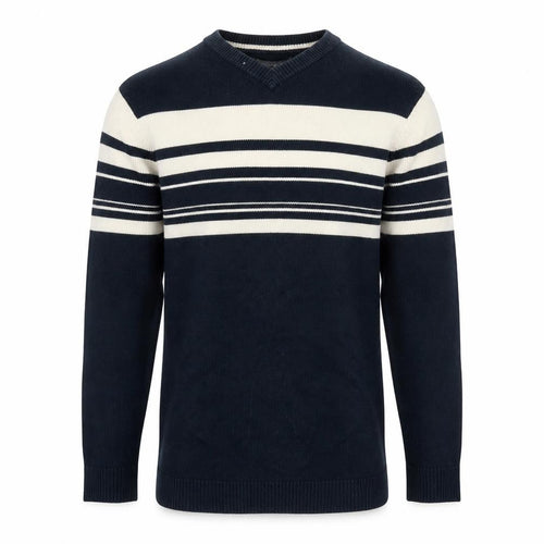 Fletcher Jones Men's Blue Striped Cotton V-Neck Jumper Size S
