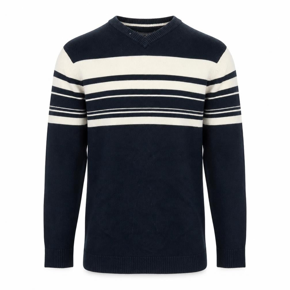 Fletcher Jones Men's Blue Striped Cotton V-Neck Jumper Size S
