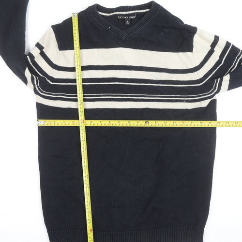 Fletcher Jones Men's Blue Striped Cotton V-Neck Jumper Size S
