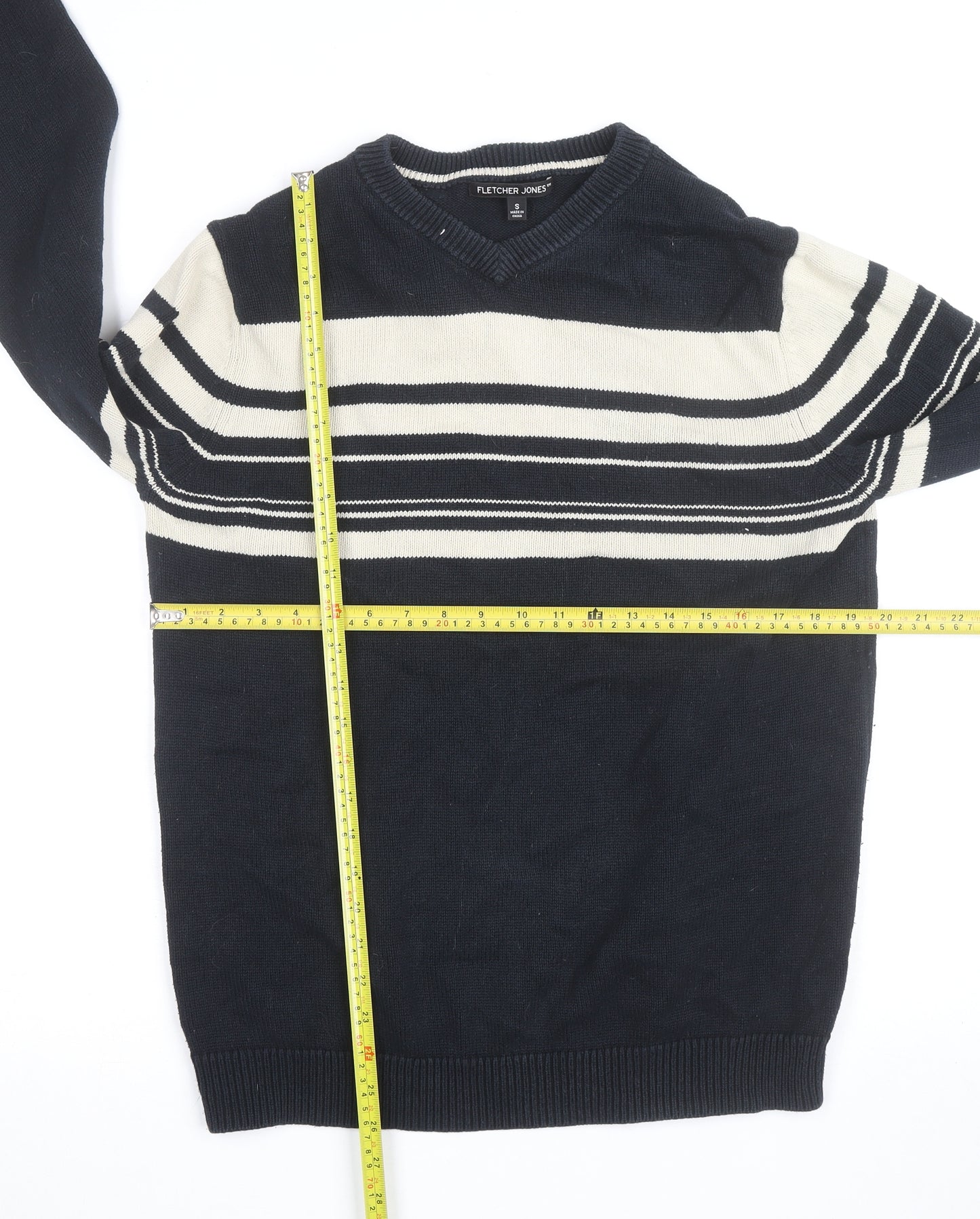 Fletcher Jones Men's Blue Striped Cotton V-Neck Jumper Size S
