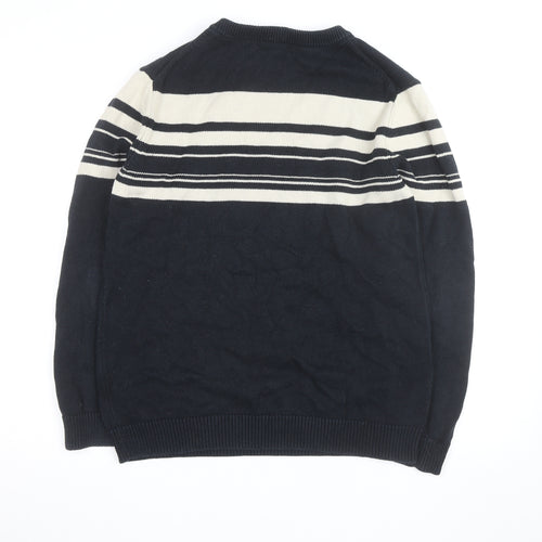 Fletcher Jones Men's Blue Striped Cotton V-Neck Jumper Size S