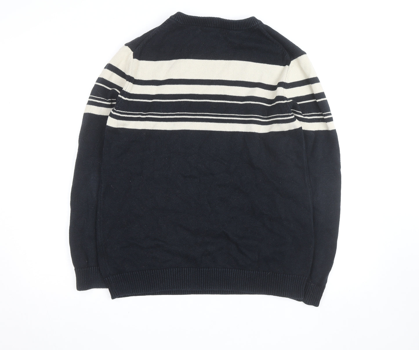 Fletcher Jones Men's Blue Striped Cotton V-Neck Jumper Size S