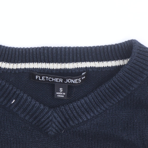Fletcher Jones Men's Blue Striped Cotton V-Neck Jumper Size S