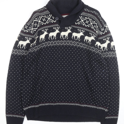 Next Men's Blue Fair Isle Reindeer Shawl Collar Jumper Size M