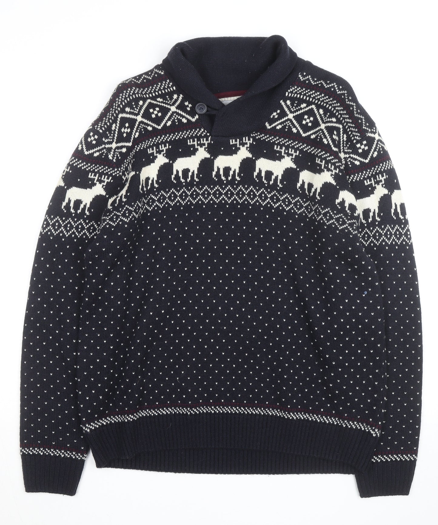 Next Men's Blue Fair Isle Reindeer Shawl Collar Jumper Size M