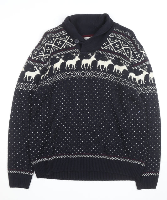 Next Men's Blue Fair Isle Reindeer Shawl Collar Jumper Size M