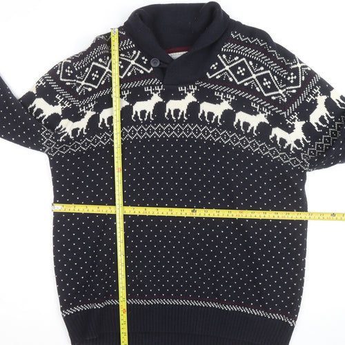 Next Men's Blue Fair Isle Reindeer Shawl Collar Jumper Size M
