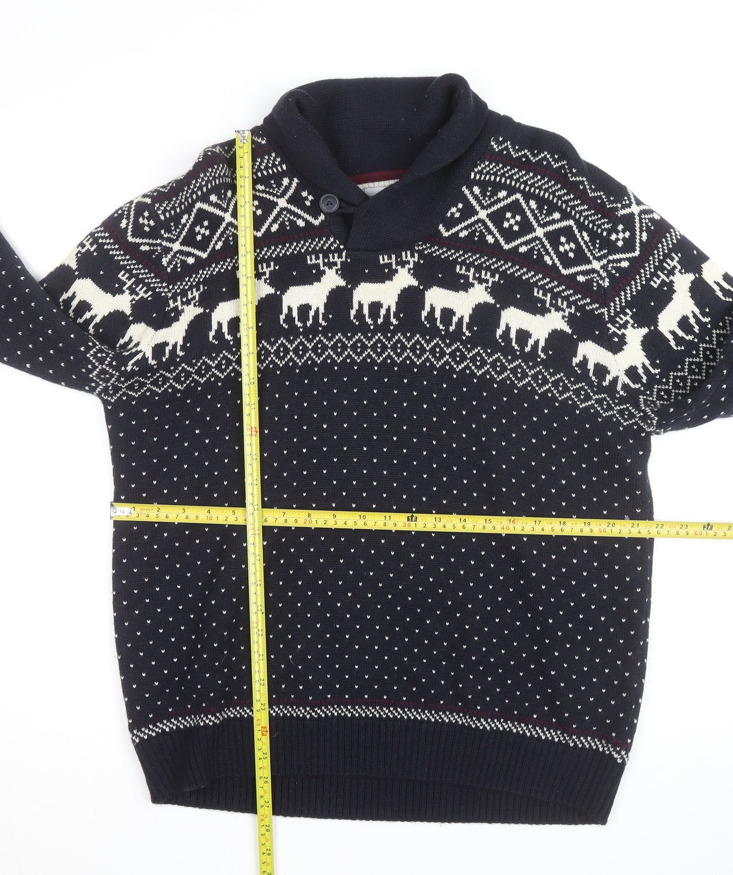Next Men's Blue Fair Isle Reindeer Shawl Collar Jumper Size M