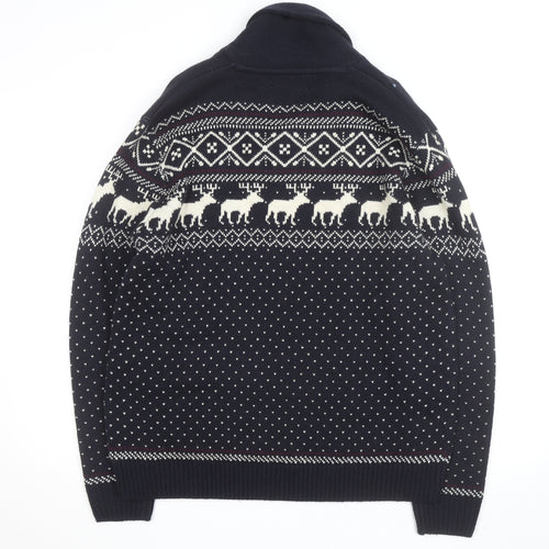 Next Men's Blue Fair Isle Reindeer Shawl Collar Jumper Size M