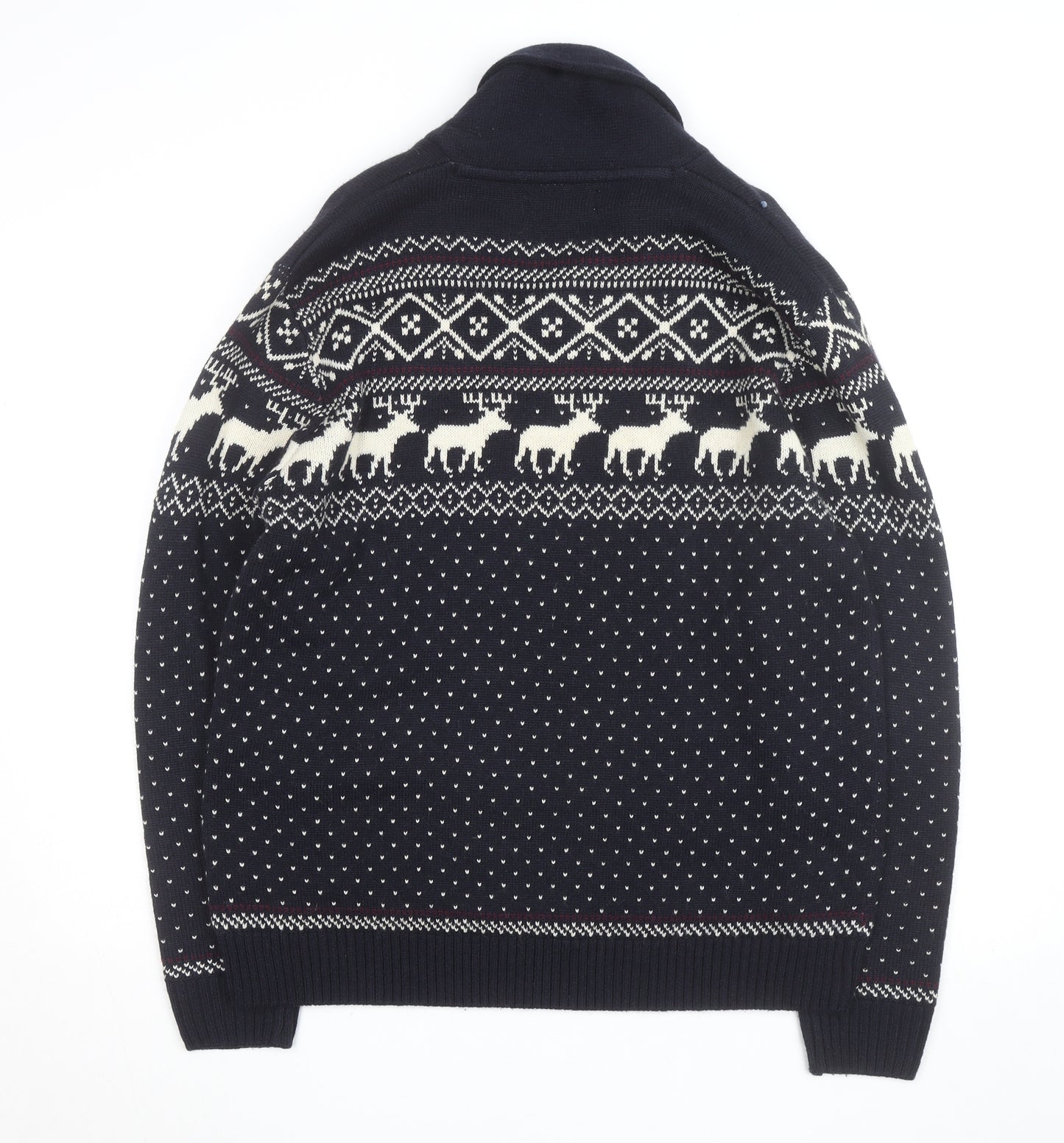 Next Men's Blue Fair Isle Reindeer Shawl Collar Jumper Size M
