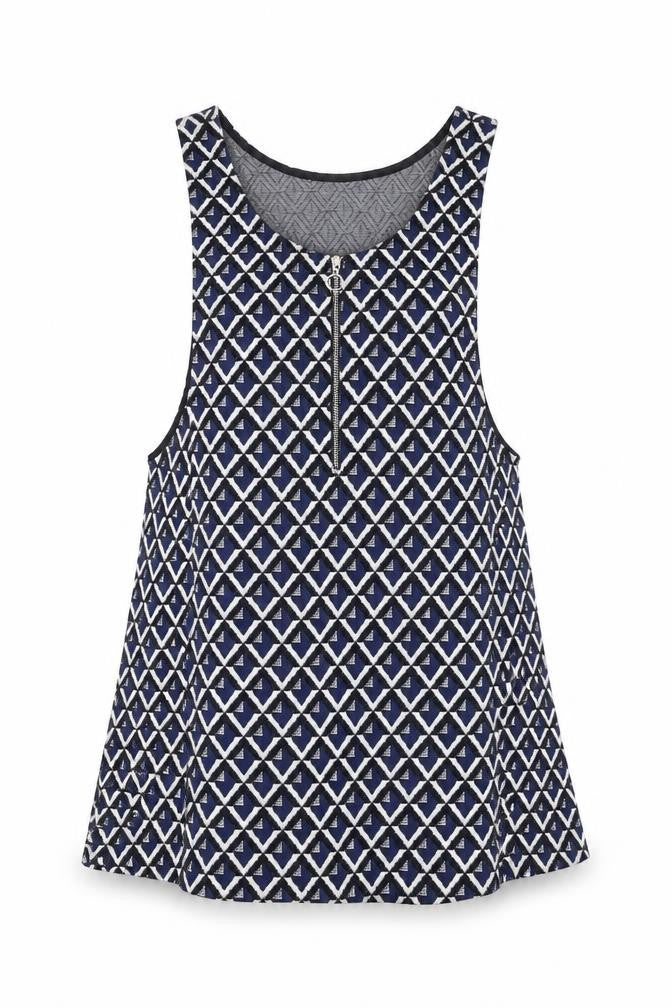 Front view of Mango Women Blue Geometric Zip Knit Tank Top XS