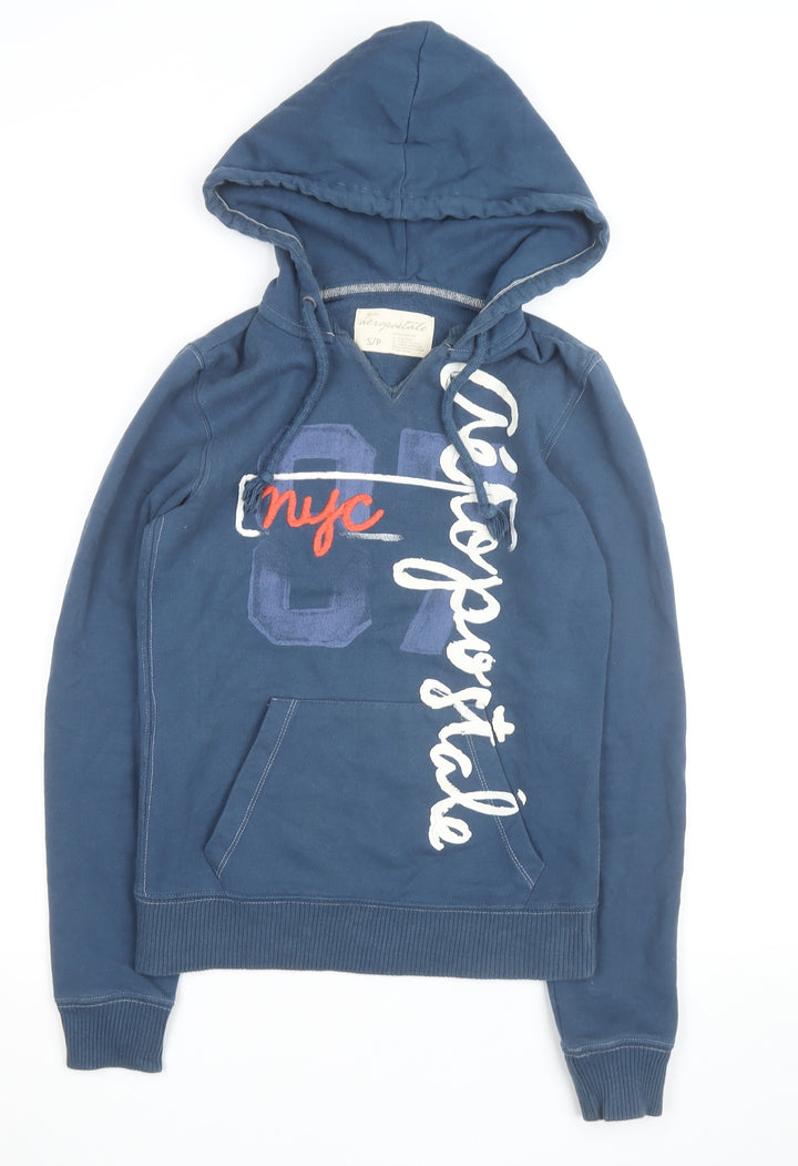 Aeropostale Men Blue Pullover Hoodie S Regular Logo Graphic