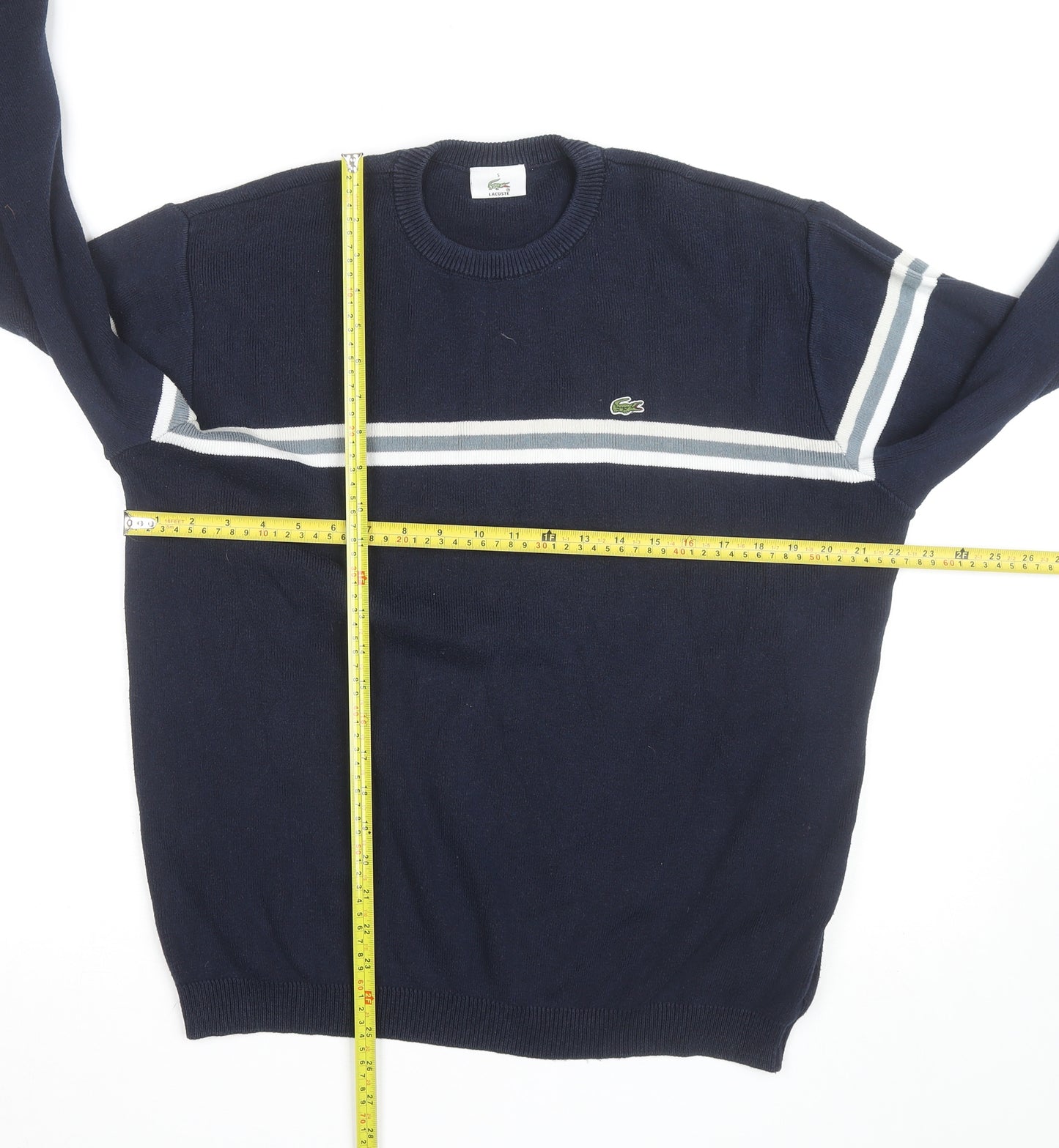 Lacoste Men's Blue Crew Neck Striped Pullover Jumper Size L