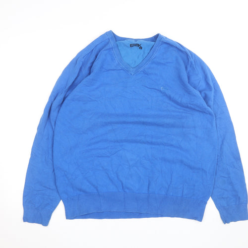FCUK Men's Blue V-Neck Cotton Blend Jumper Size L